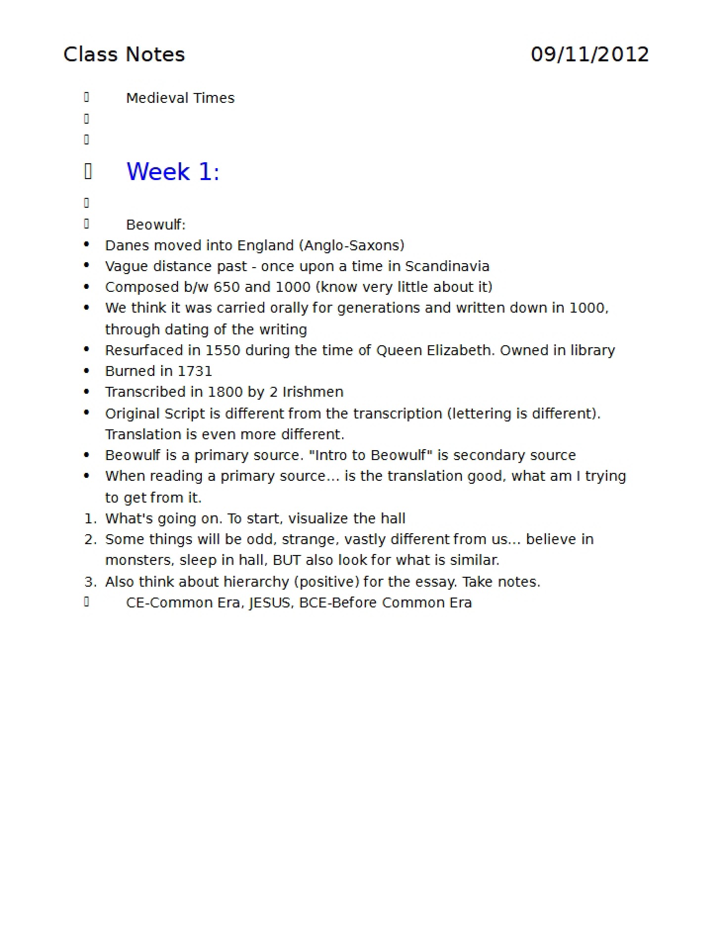 Medieval History Notes Weeks One and Two