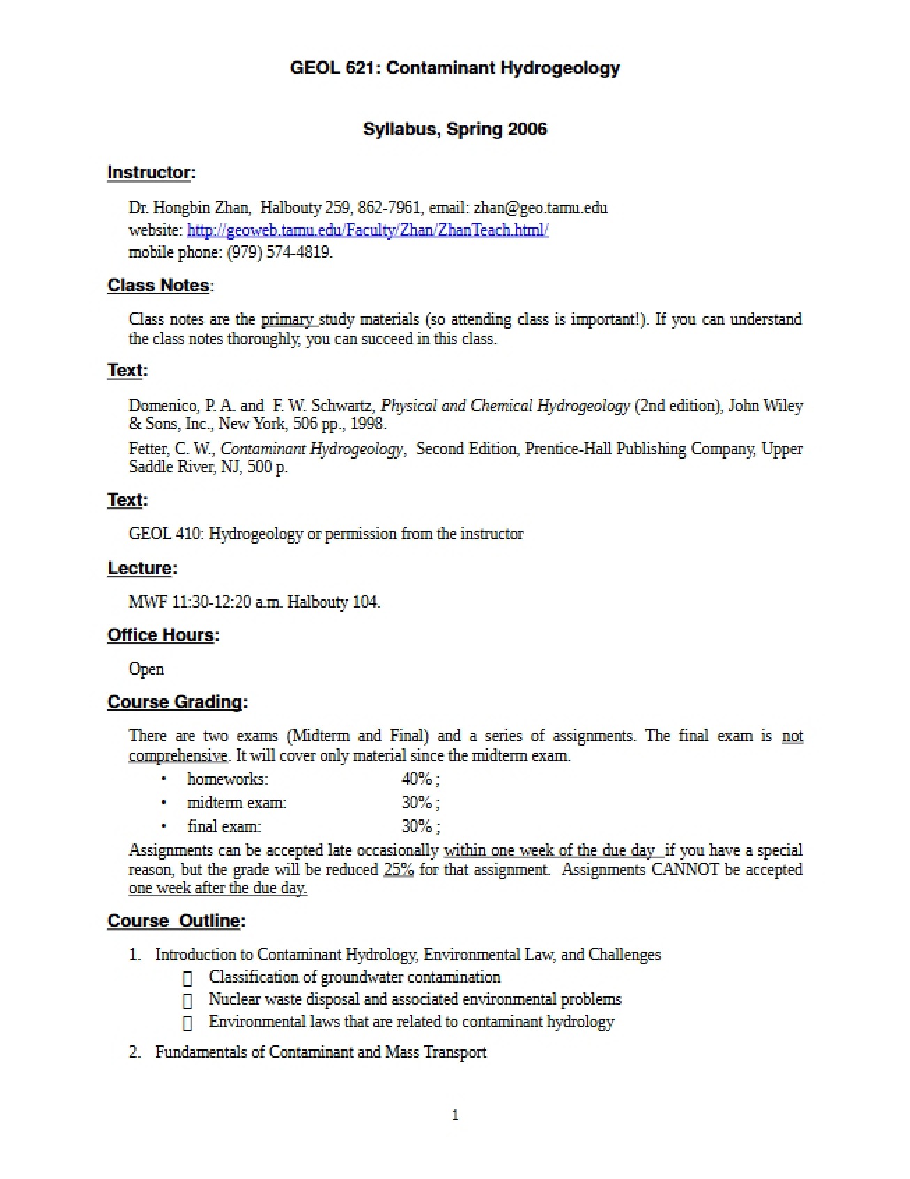 Syllabus for Contaminant Hydrogeology from Spring 2006