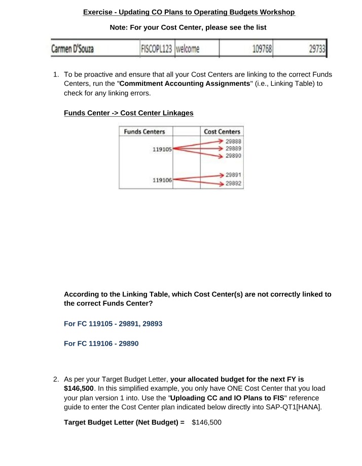 Workshop Exercises - Updating CO Plans for Operating Budgets