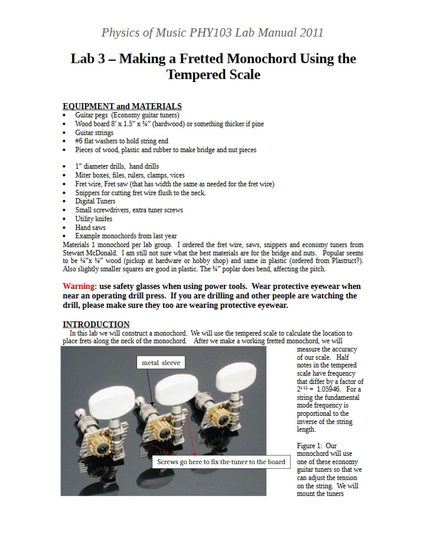 Tempered Scale Fretted Monochord Construction (Lab 3)