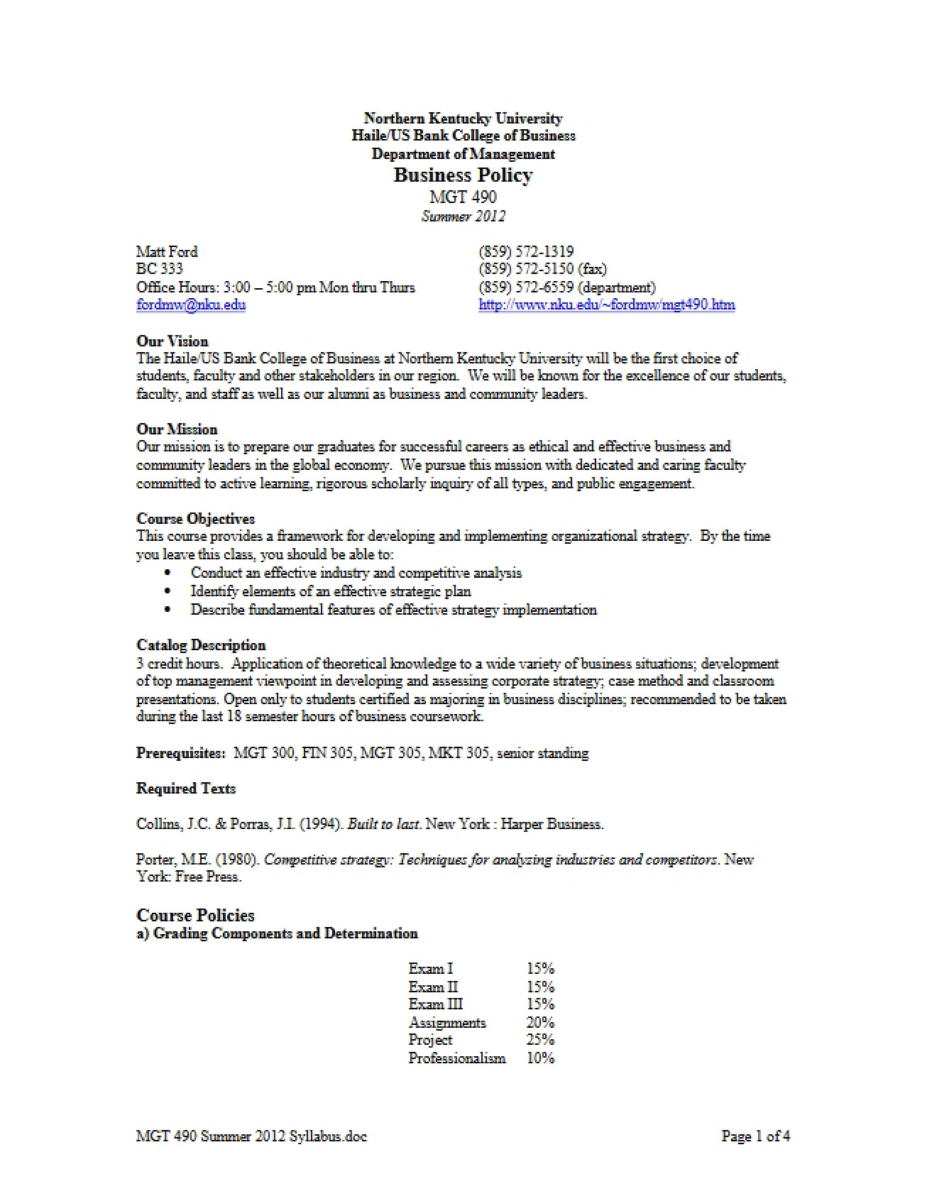Business Policy Course Syllabus