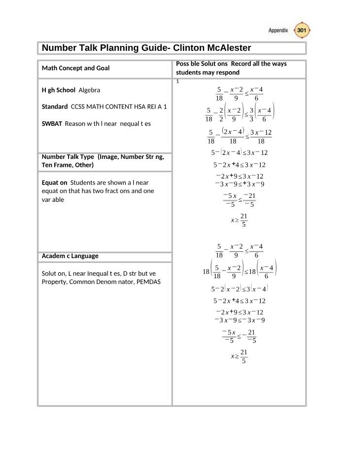 Planning Guide for Linear Inequalities Number Talk