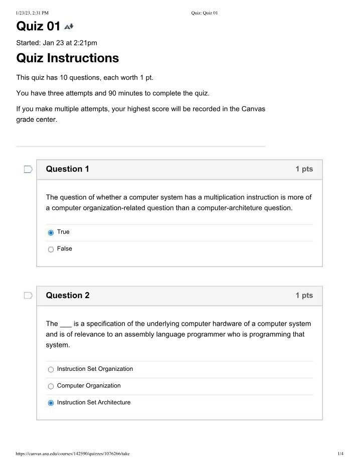 Computer Architecture Quiz 01