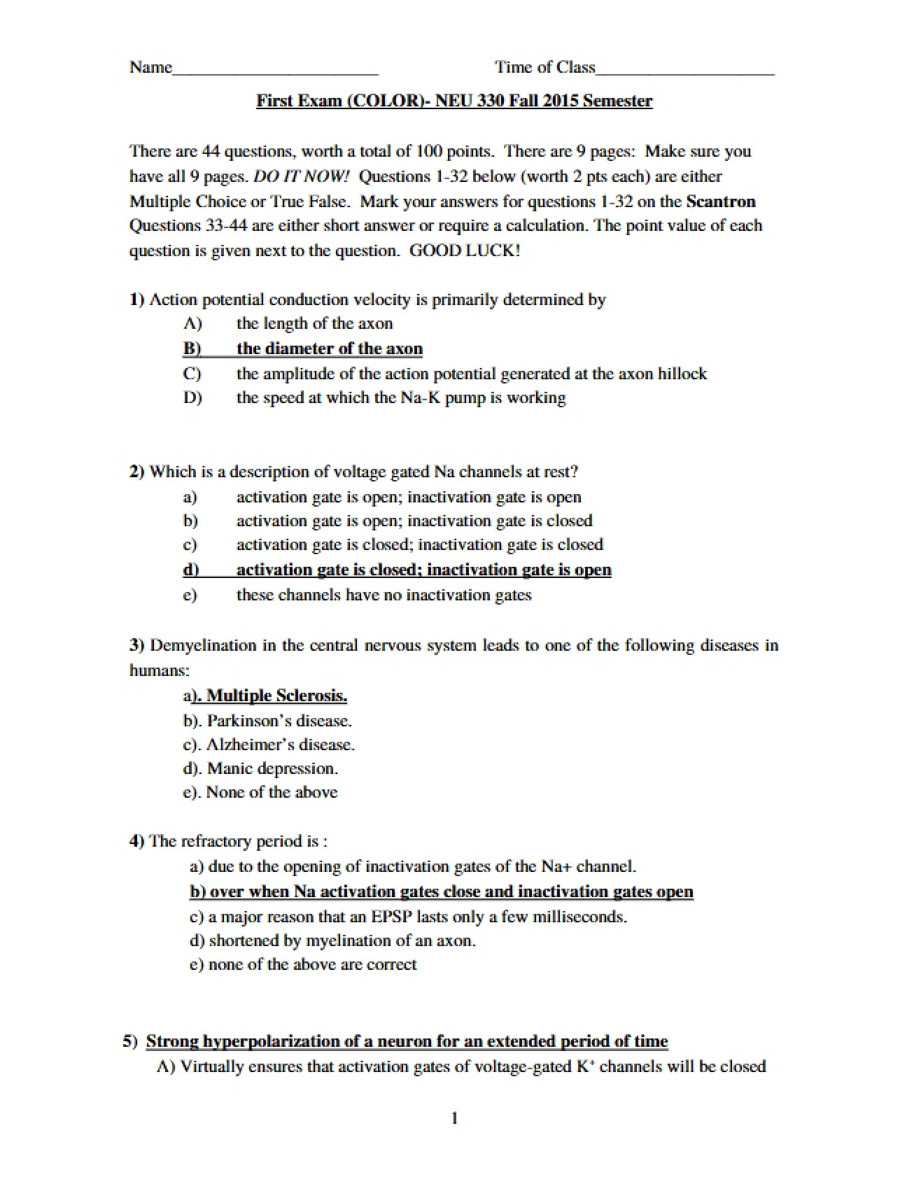 Examination One - Neural Systems I