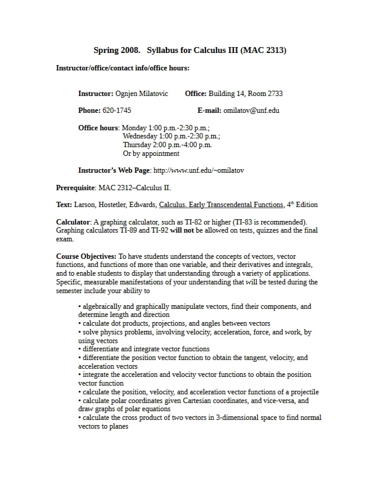 Calculus III Course Outline