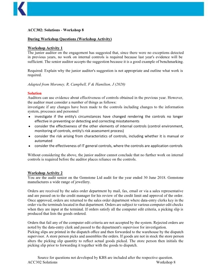 Workshop 8 Solutions - ACC302
