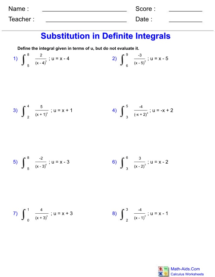 Worksheet on Substitution in Definite Integrals