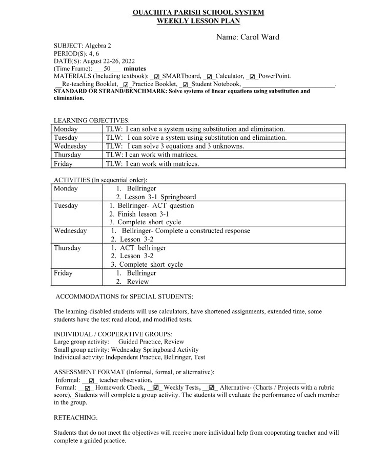 Weekly Lesson Plan - Algebra 2