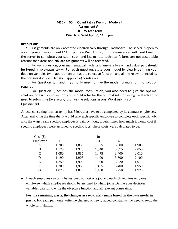 Assignment 2, Question 3 - Quantitative Decision Models I