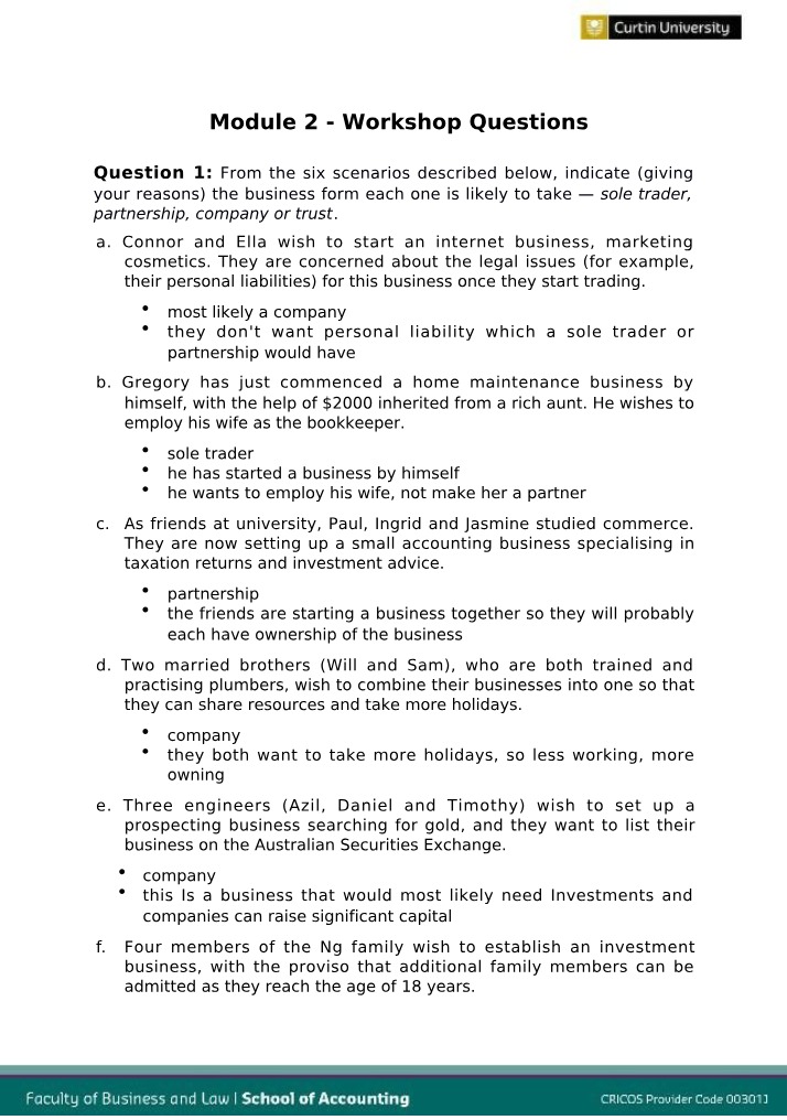 Workshop Questions for Business Structure