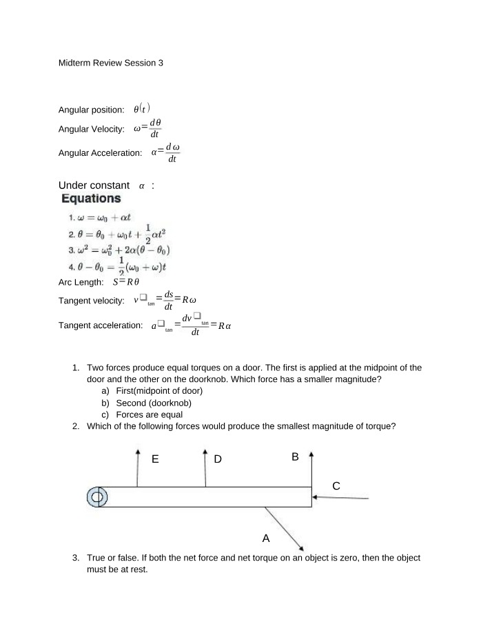 Rotational Motion, Torque, and Angular Velocity - Midterm Review