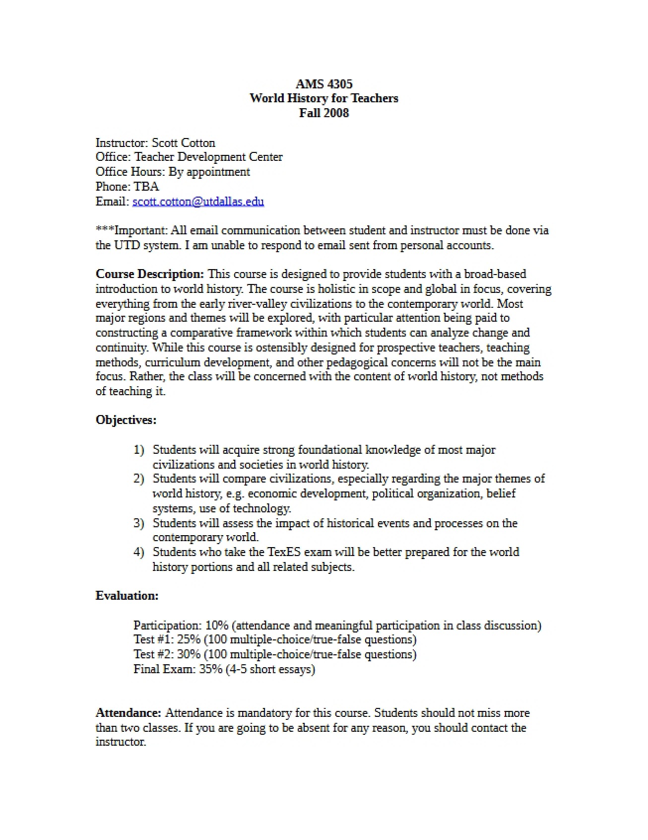 World History for Teachers Course Syllabus
