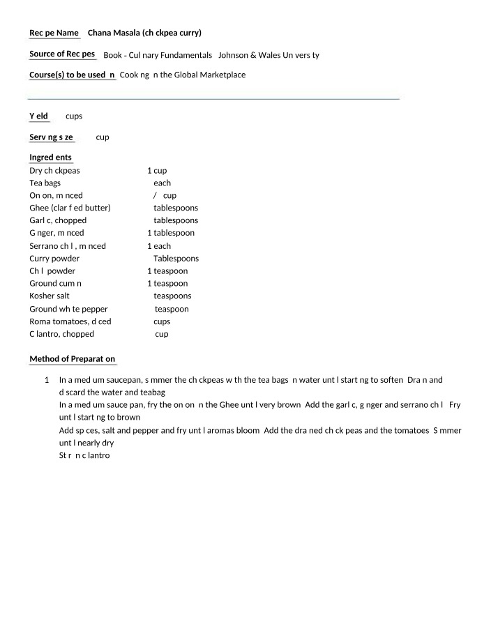 Recipe for Chana Masala