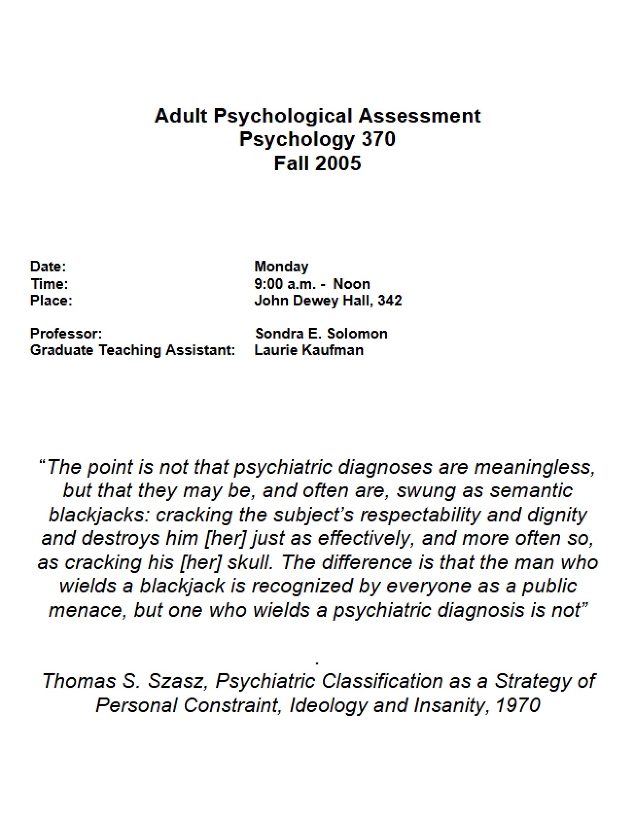 Psychological Assessment of Adults Syllabus