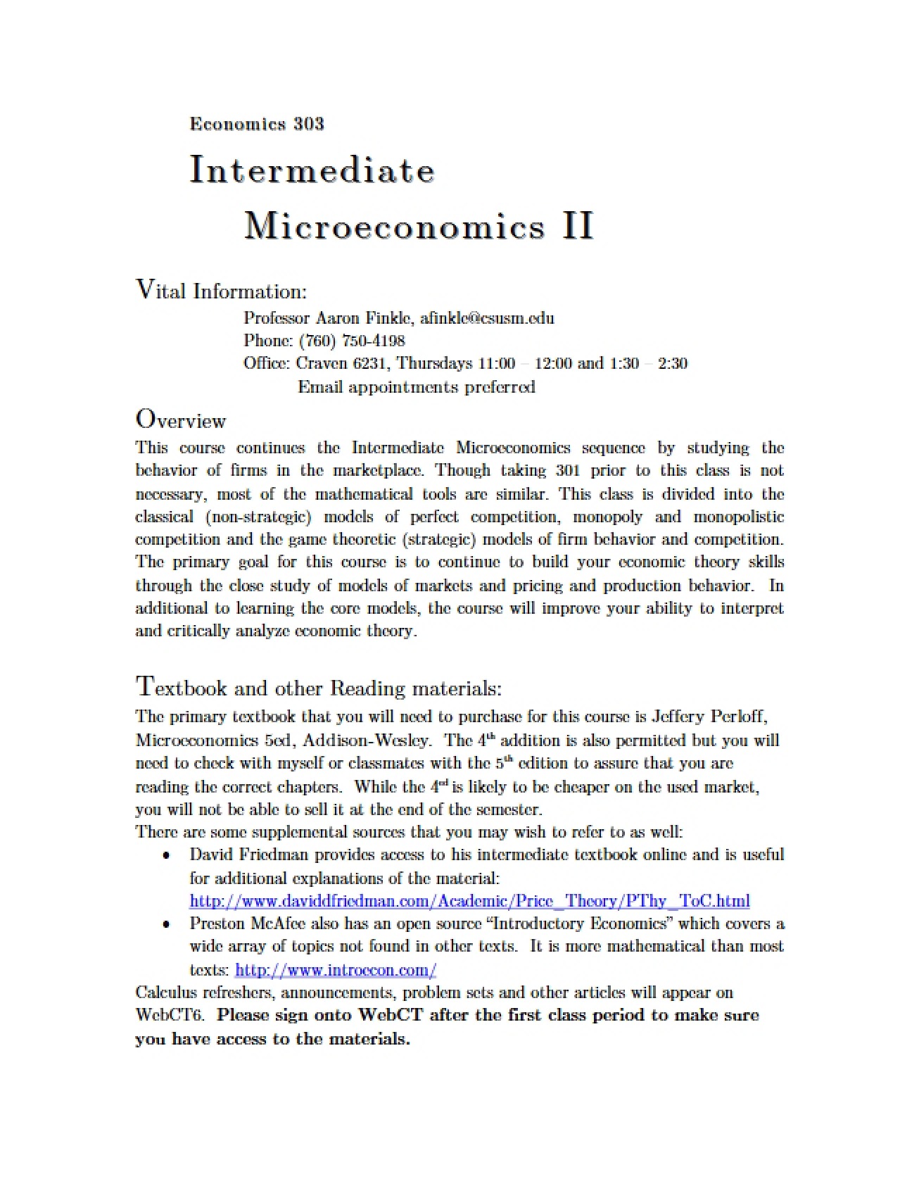 Intermediate Microeconomic Theory Two Syllabus