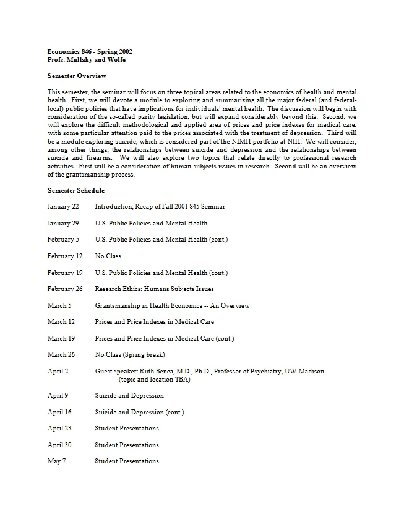 Syllabus for Economics 846