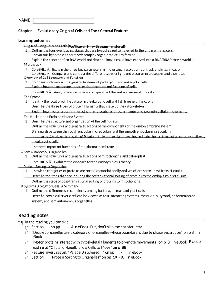 Cell Features and Evolutionary Origin Worksheet