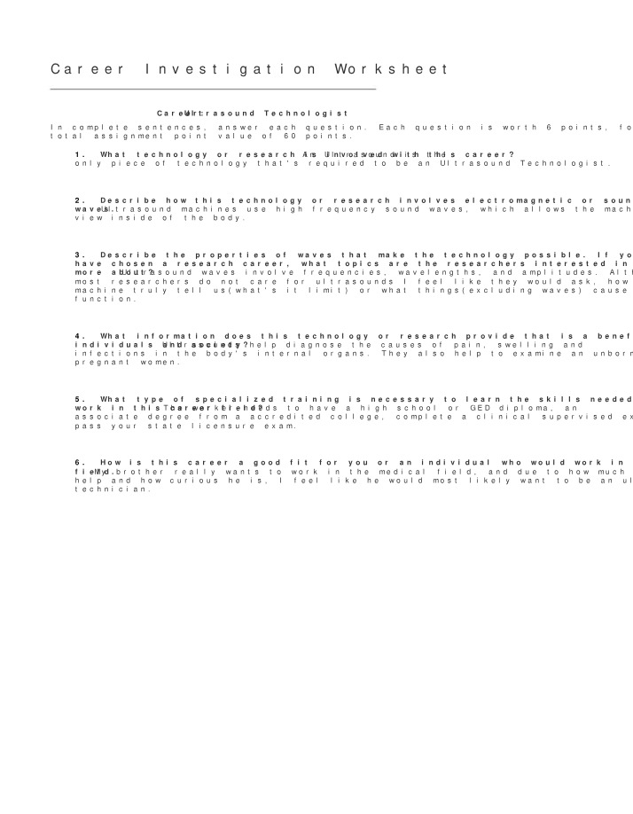 Ultrasound Technologist - Career Investigation Worksheet