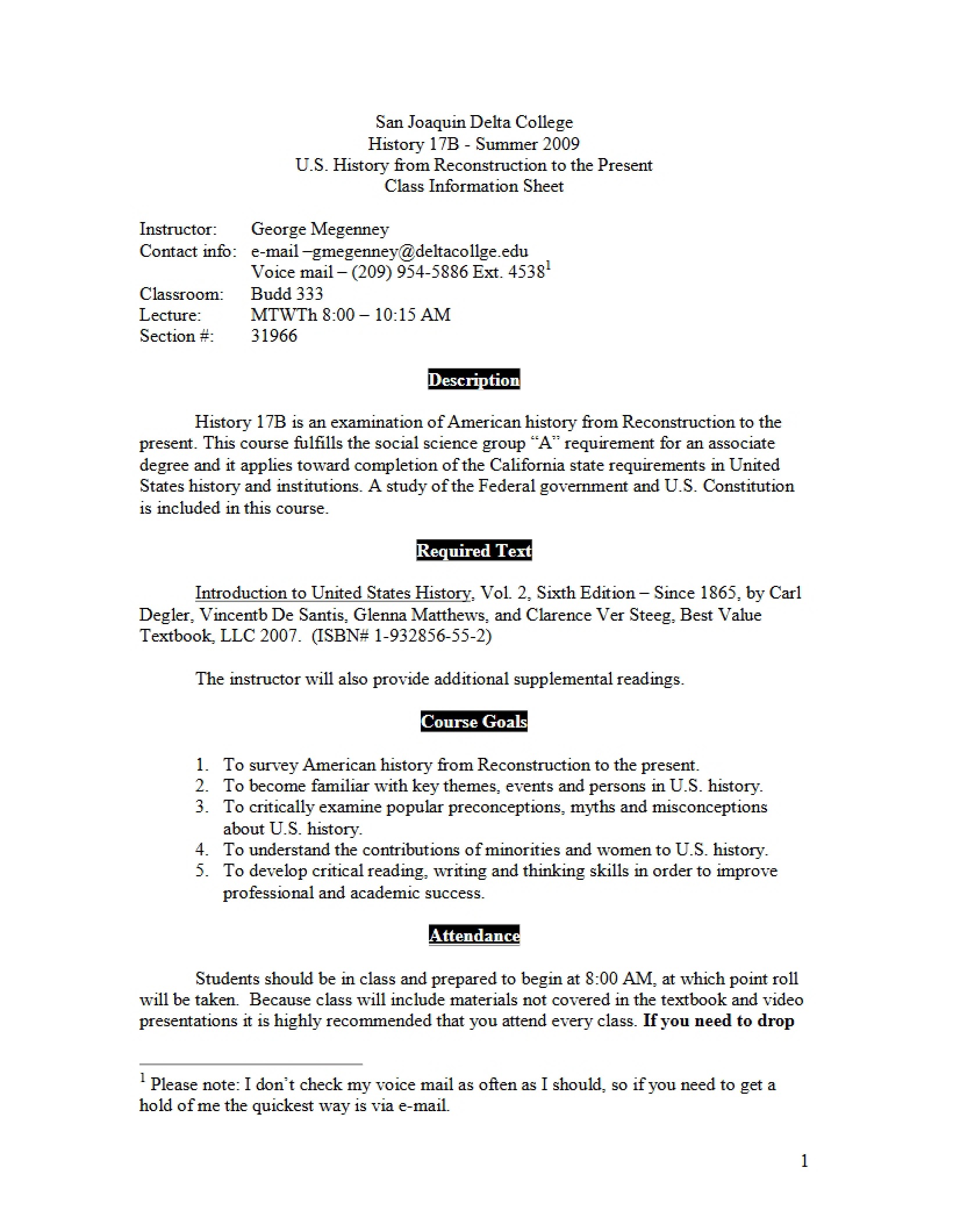 US History 17B Class Info - 9 Pages
