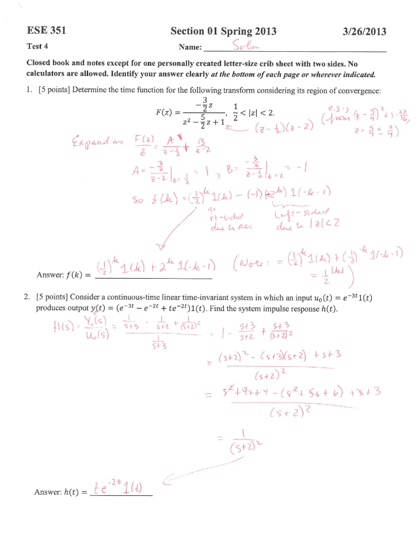 Spring 2013 Test Five Solutions