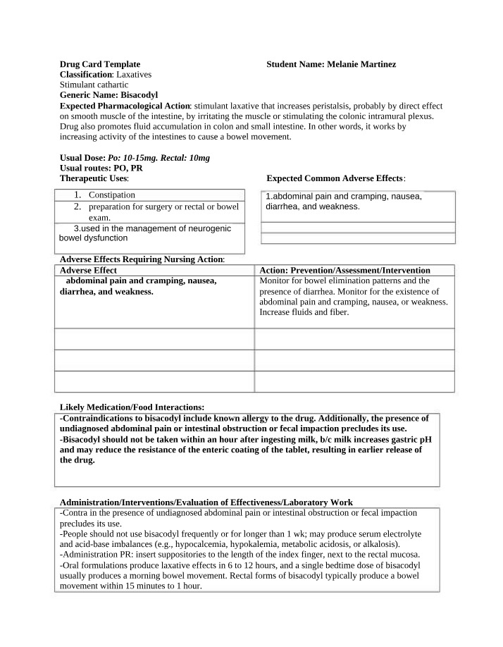Constipation Relief - Bisacodyl Drug Card