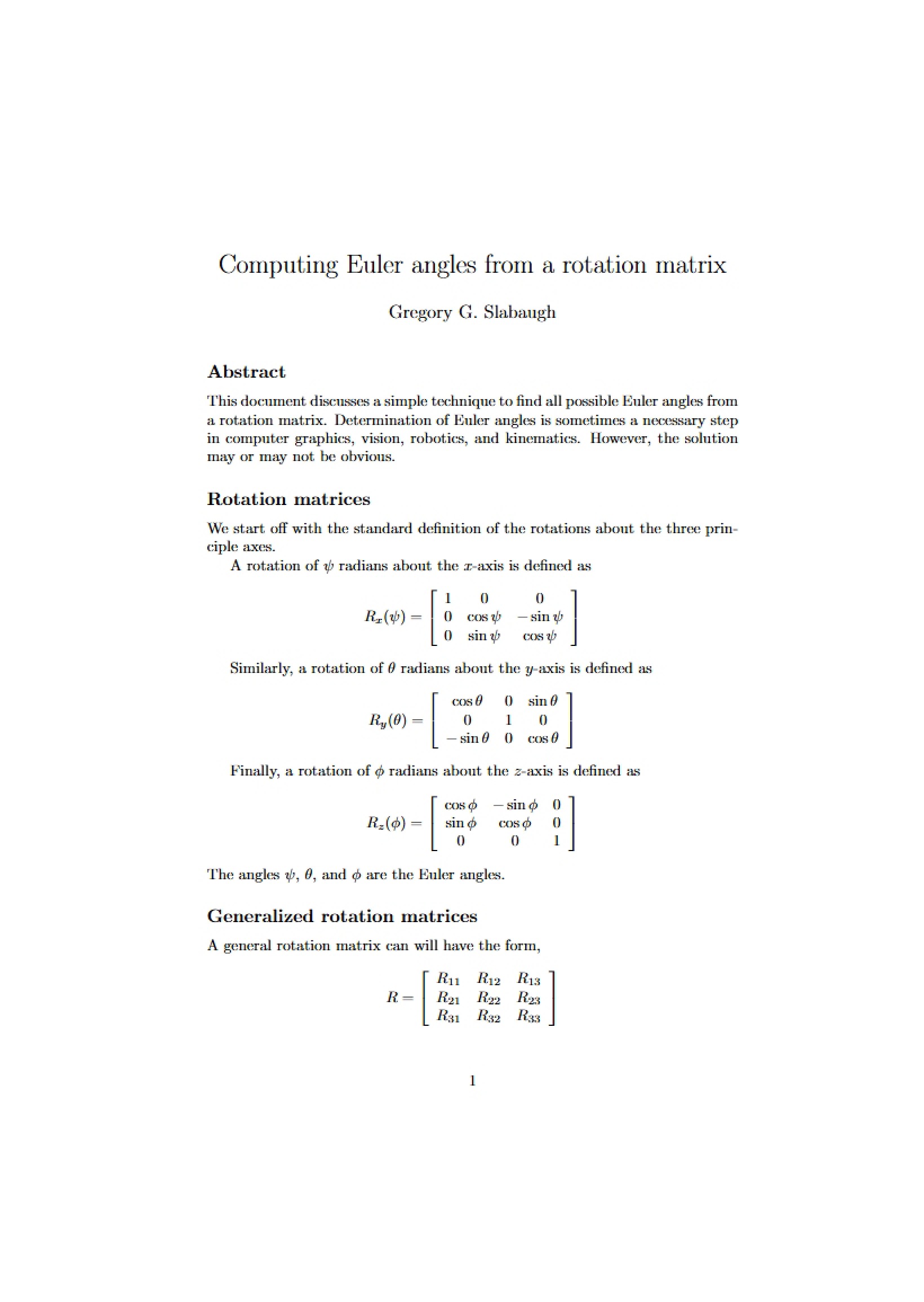 Rotation Matrix for Computing Euler Angles
