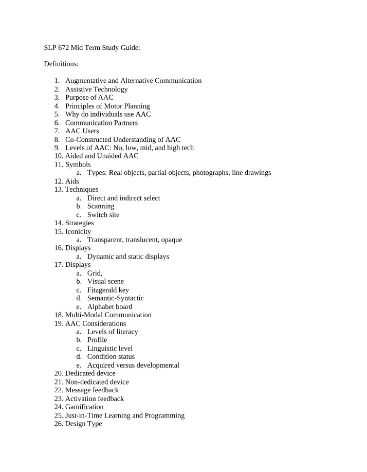 Mid Term Study Guide for SLP 672