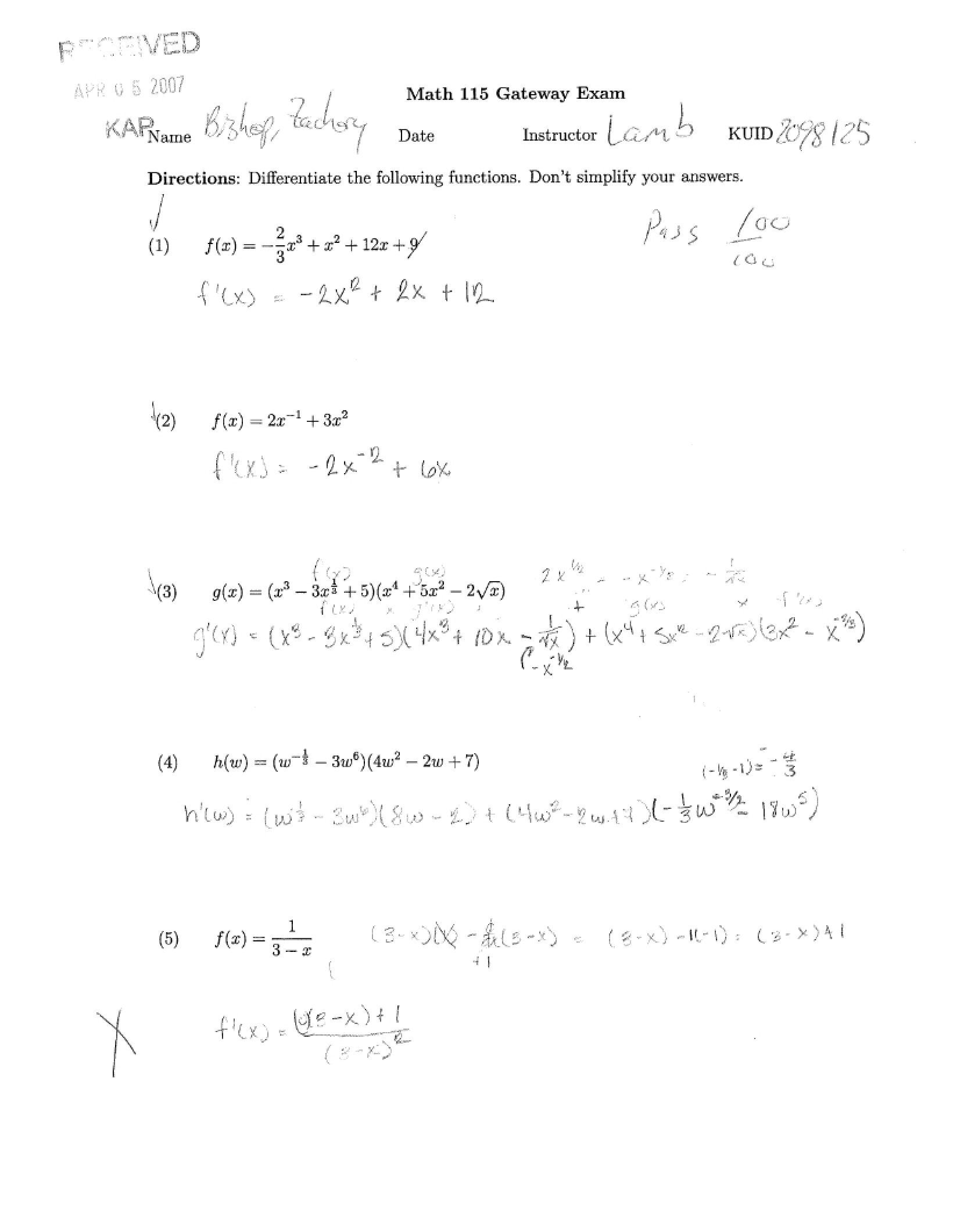 Gateway Exam (Math 115)