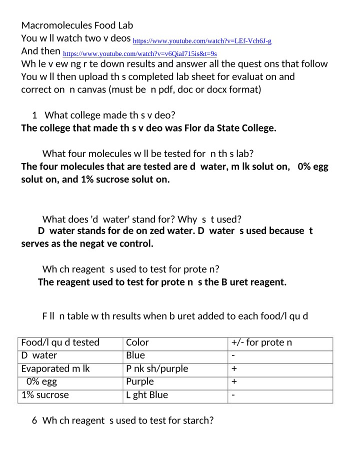 Food Lab - Analyzing and Testing Four Macromolecules