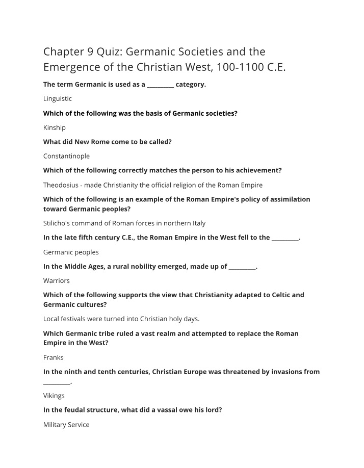 Germanic Societies and the Emergence of the Christian West - Chapter 9 Quiz