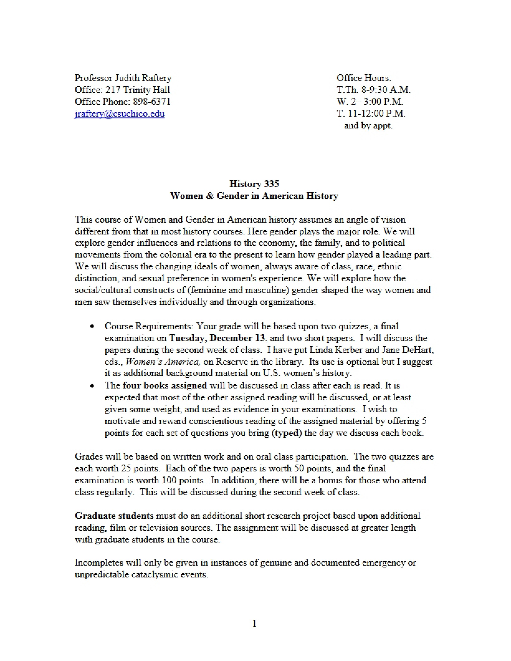 Women and Gender in US History Syllabus
