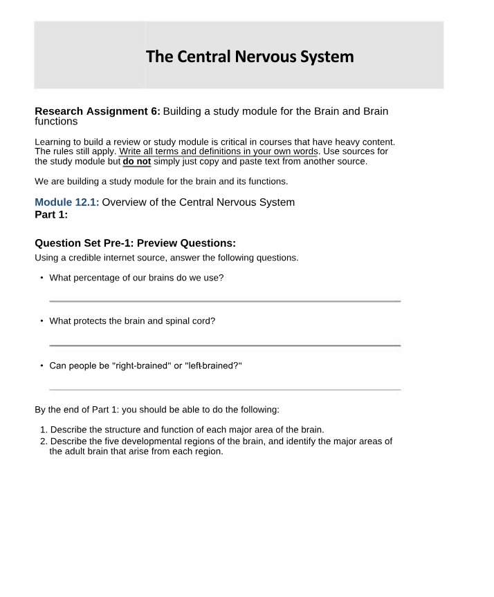 Central Nervous System Research Assignment 6