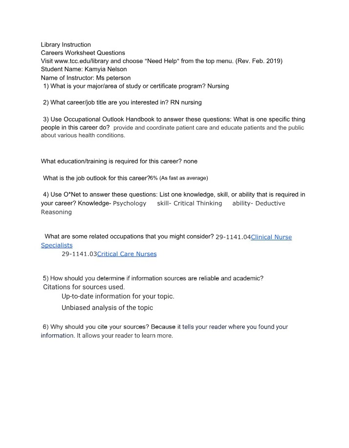 Worksheet Questions - Nursing Careers