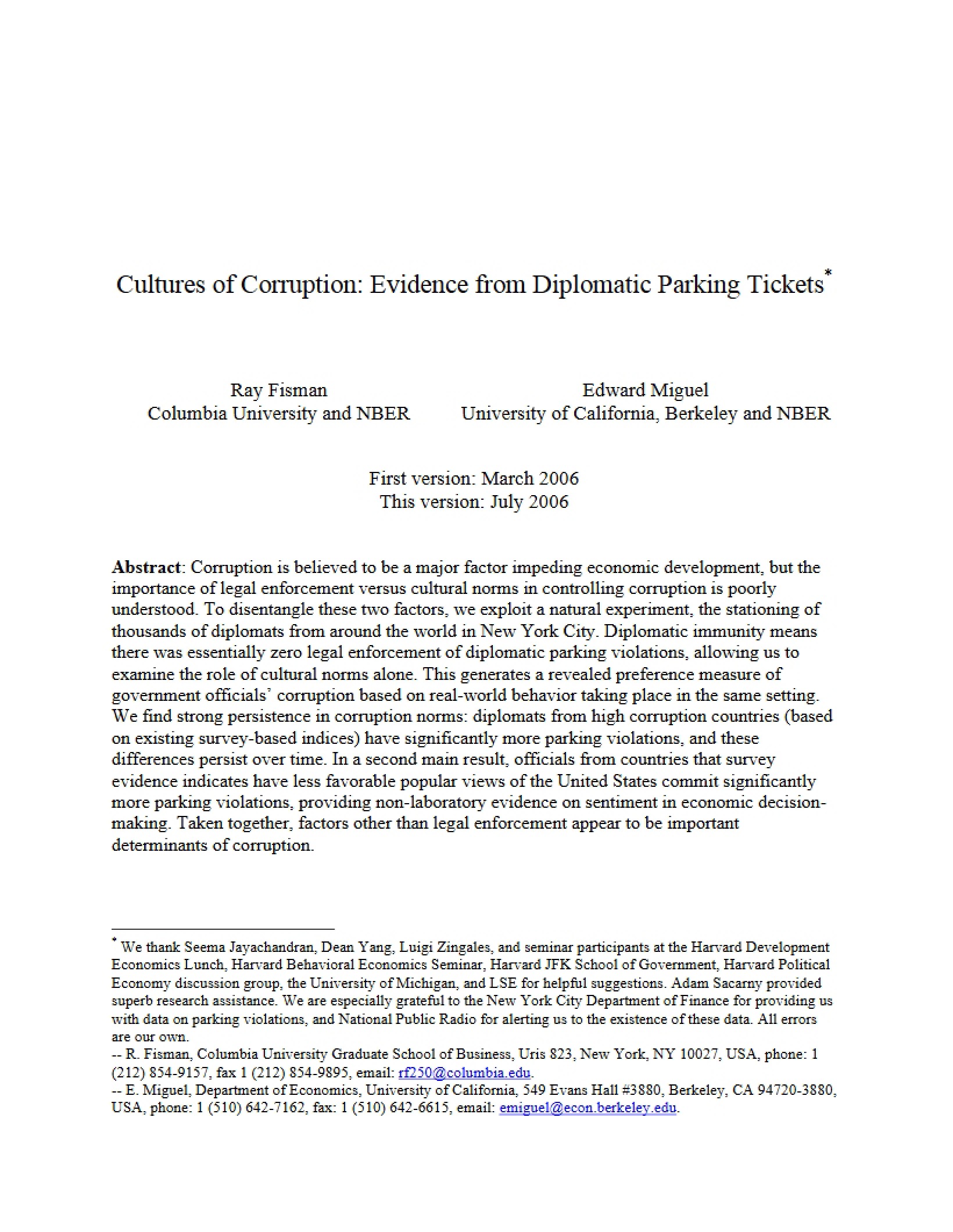 Diplomatic Parking Tickets Cultures of Corruption