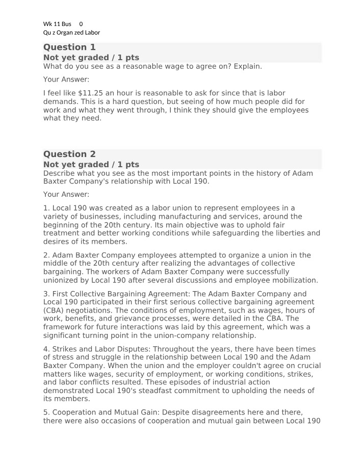Organized Labor Quiz - Wk 11
