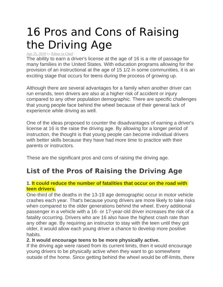 Pros and Cons - Raising the Driving Age