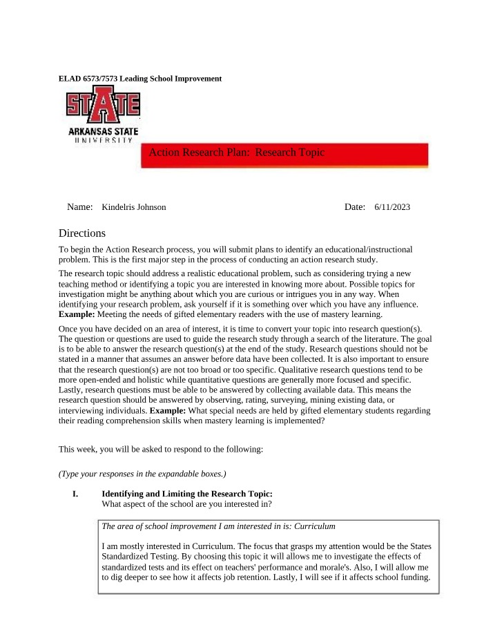 Research Topic for Action Research Plan