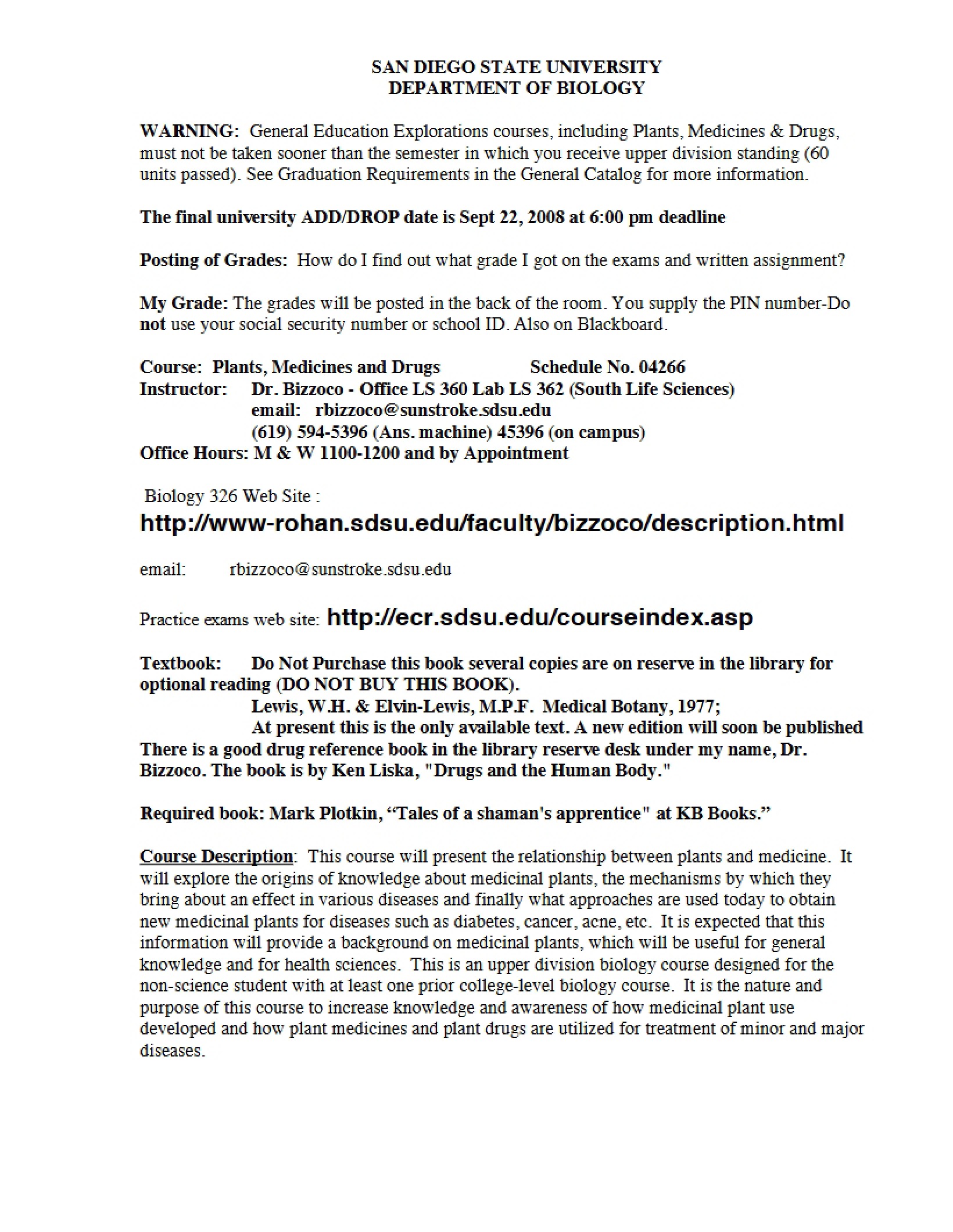 Syllabus for Plants and Drugs