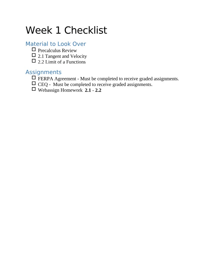 Checklist for Week 1