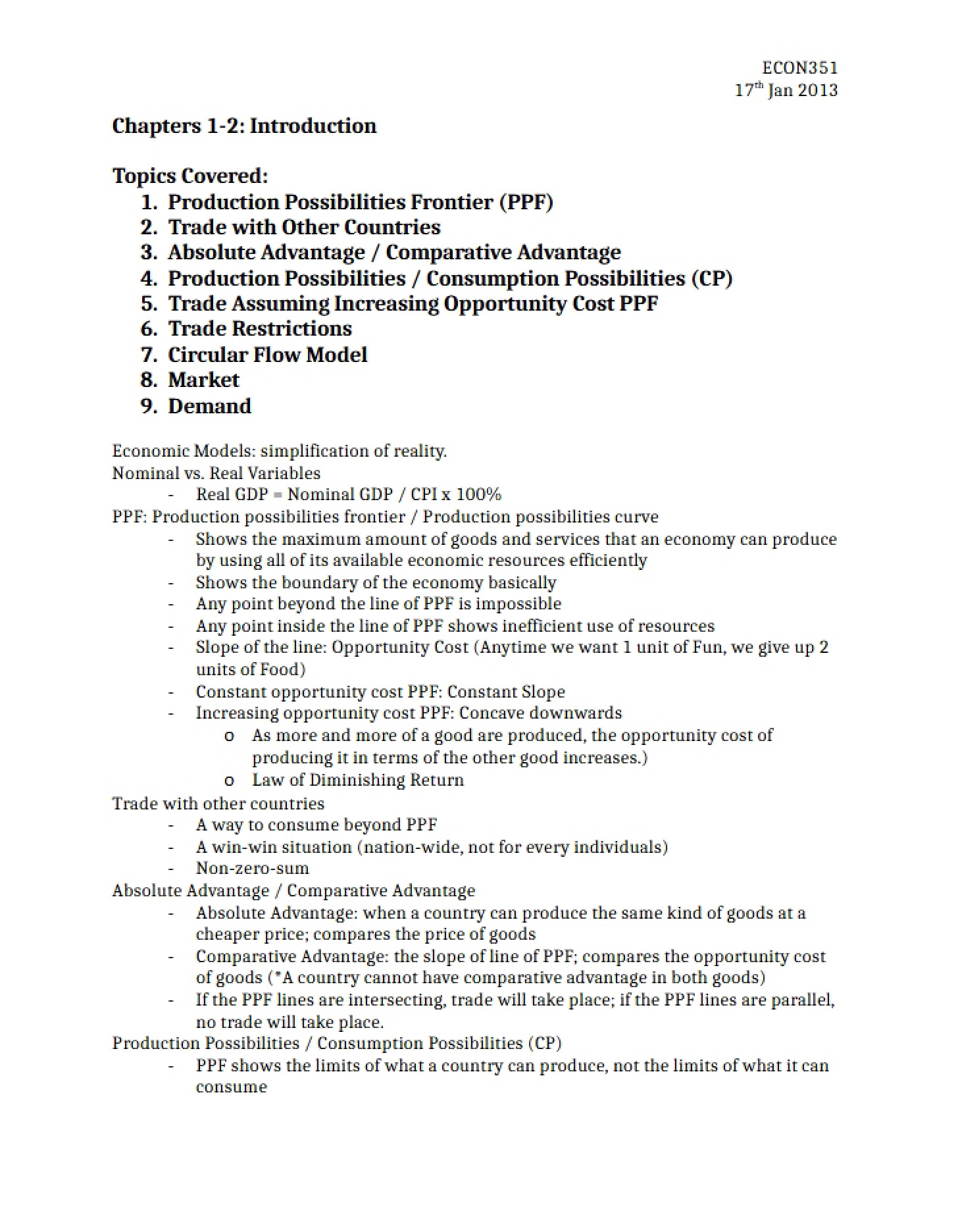 Notes One Microeconomics Lecture