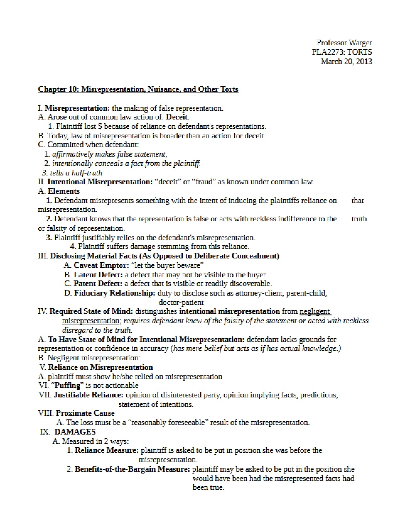 Misrepresentation and Nuisance Torts Chapter 10