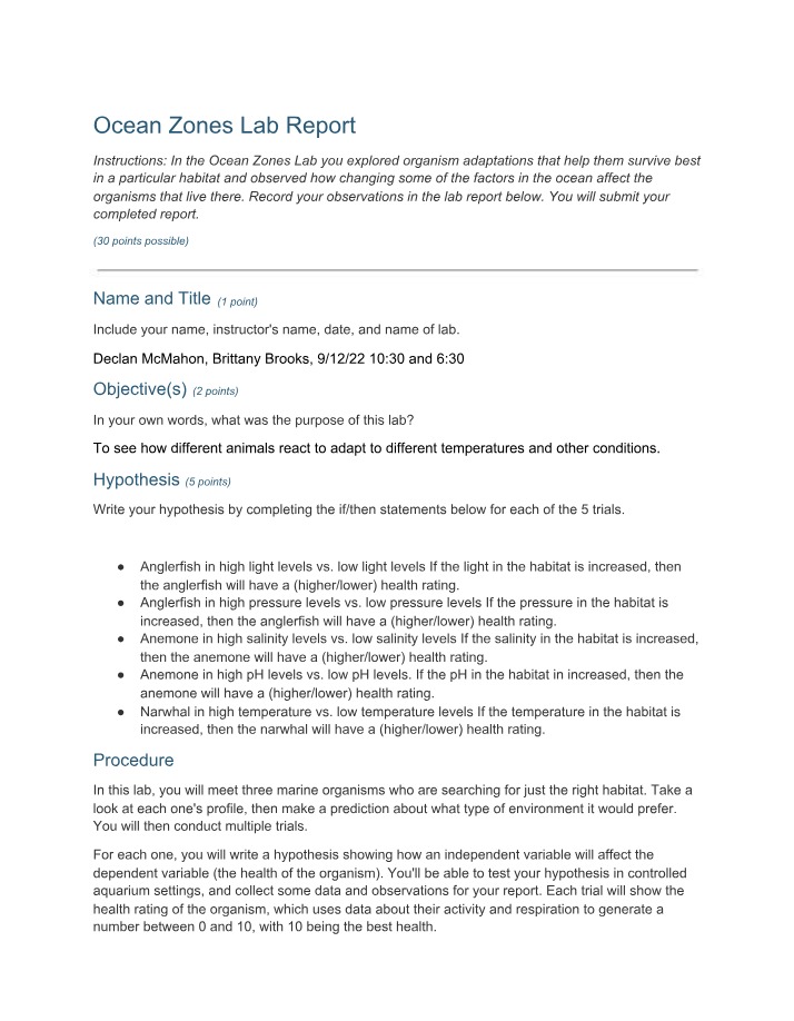 Lab Report on Ocean Organism Adaptations