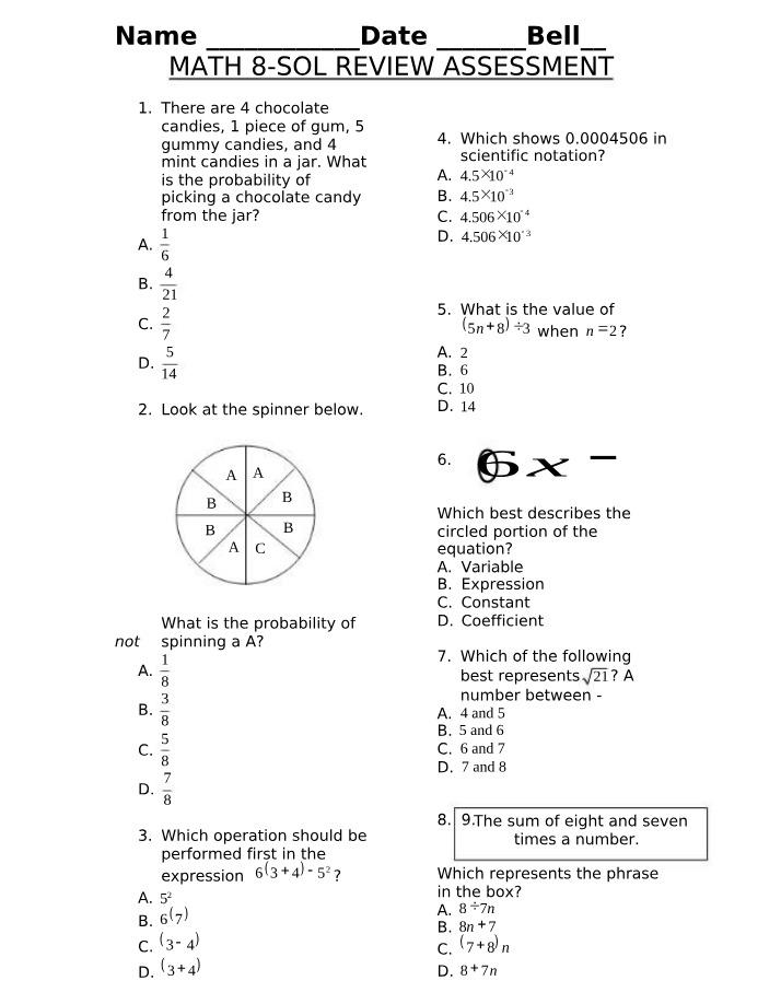 SOL Review Assessment - Math 8
