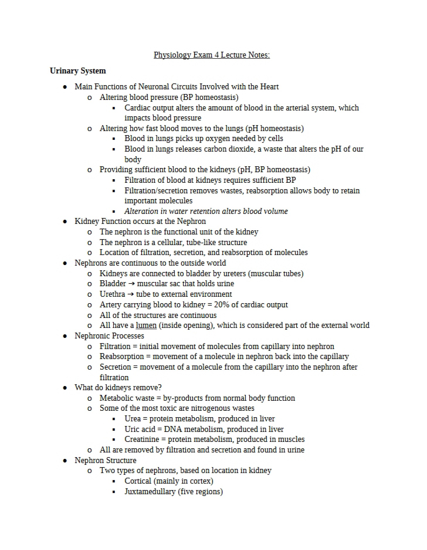 Notes for Physiology Test Four