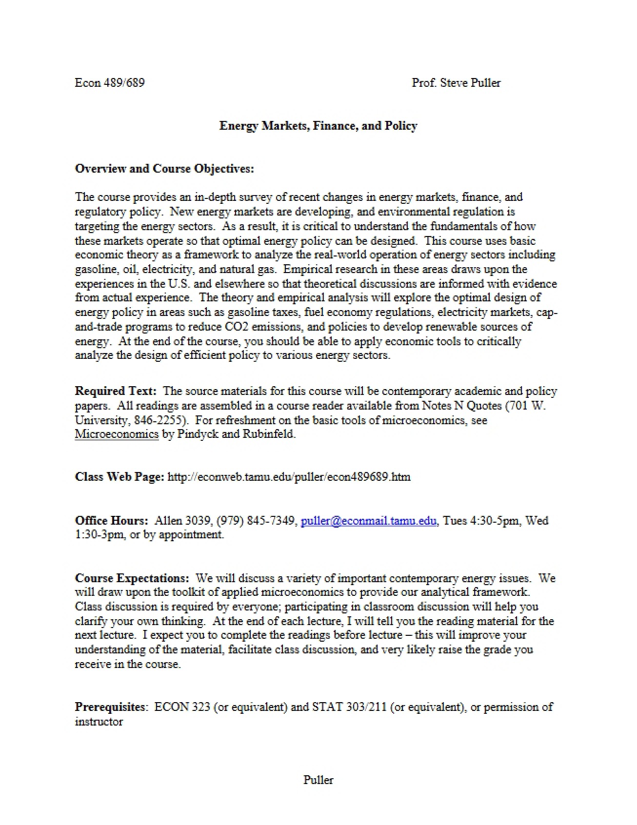 Syllabus for a Course on Special Topics from Fall 2011 by Puller