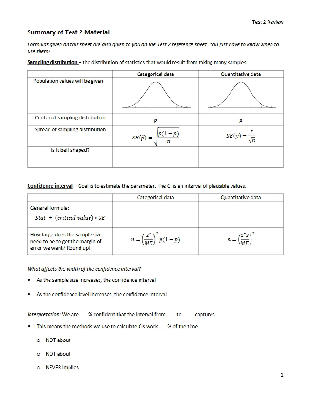 Summary of Test 2 Material