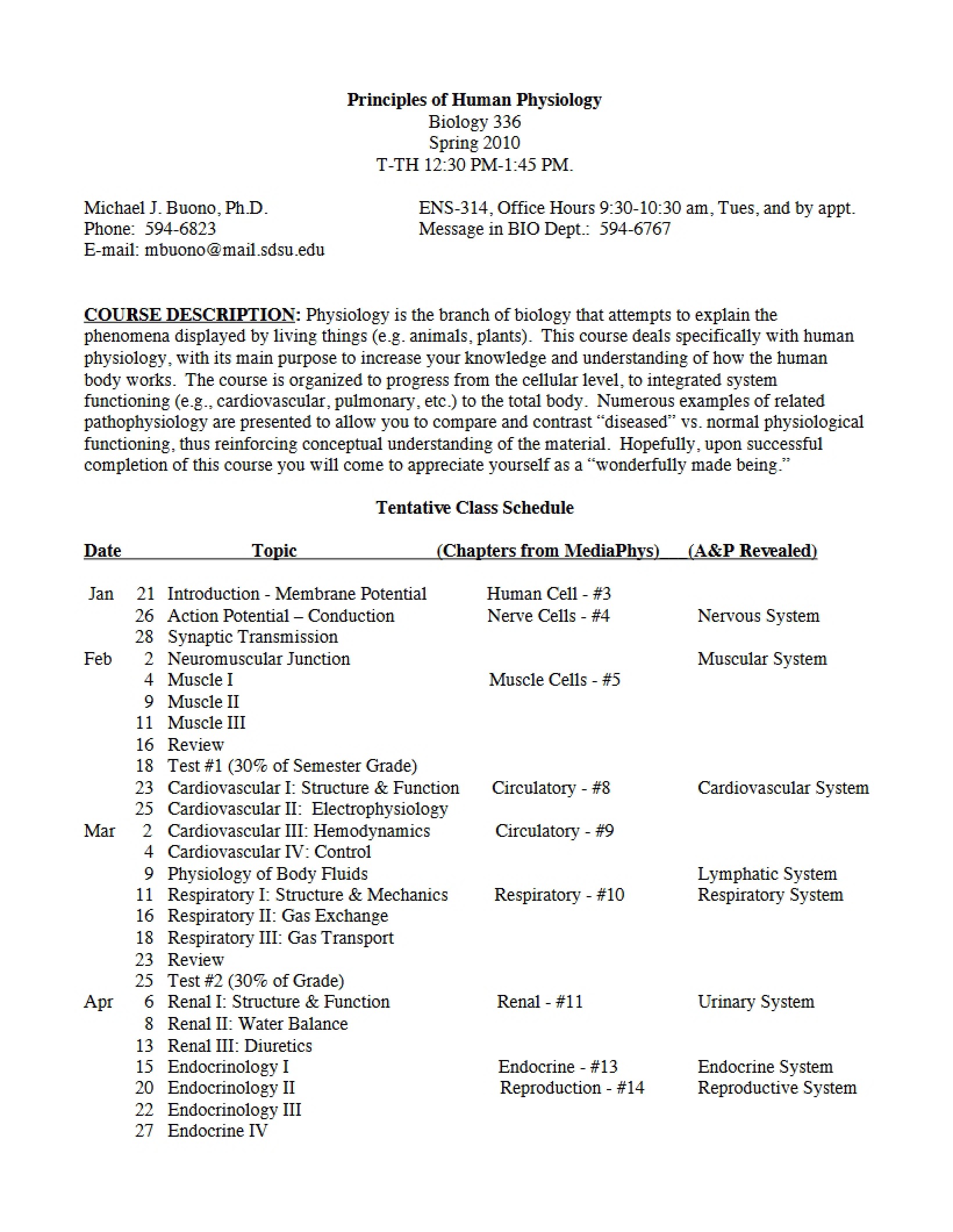 Syllabus Principles of Human Physiology