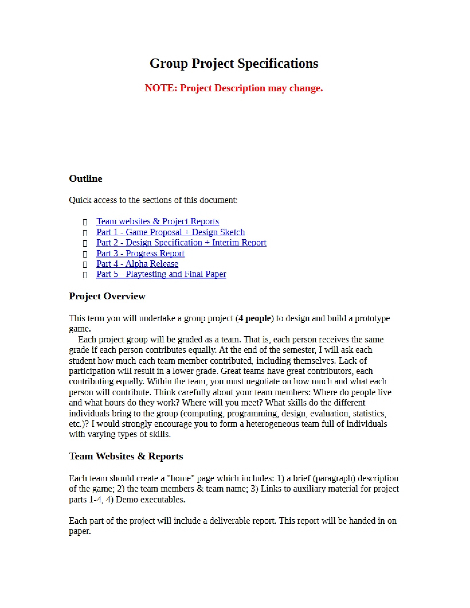 Specifications for Group Project