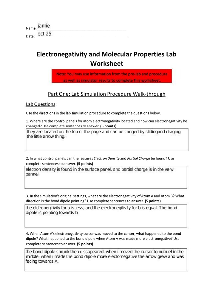 Lab Worksheet on Electronegativity and Molecular Properties