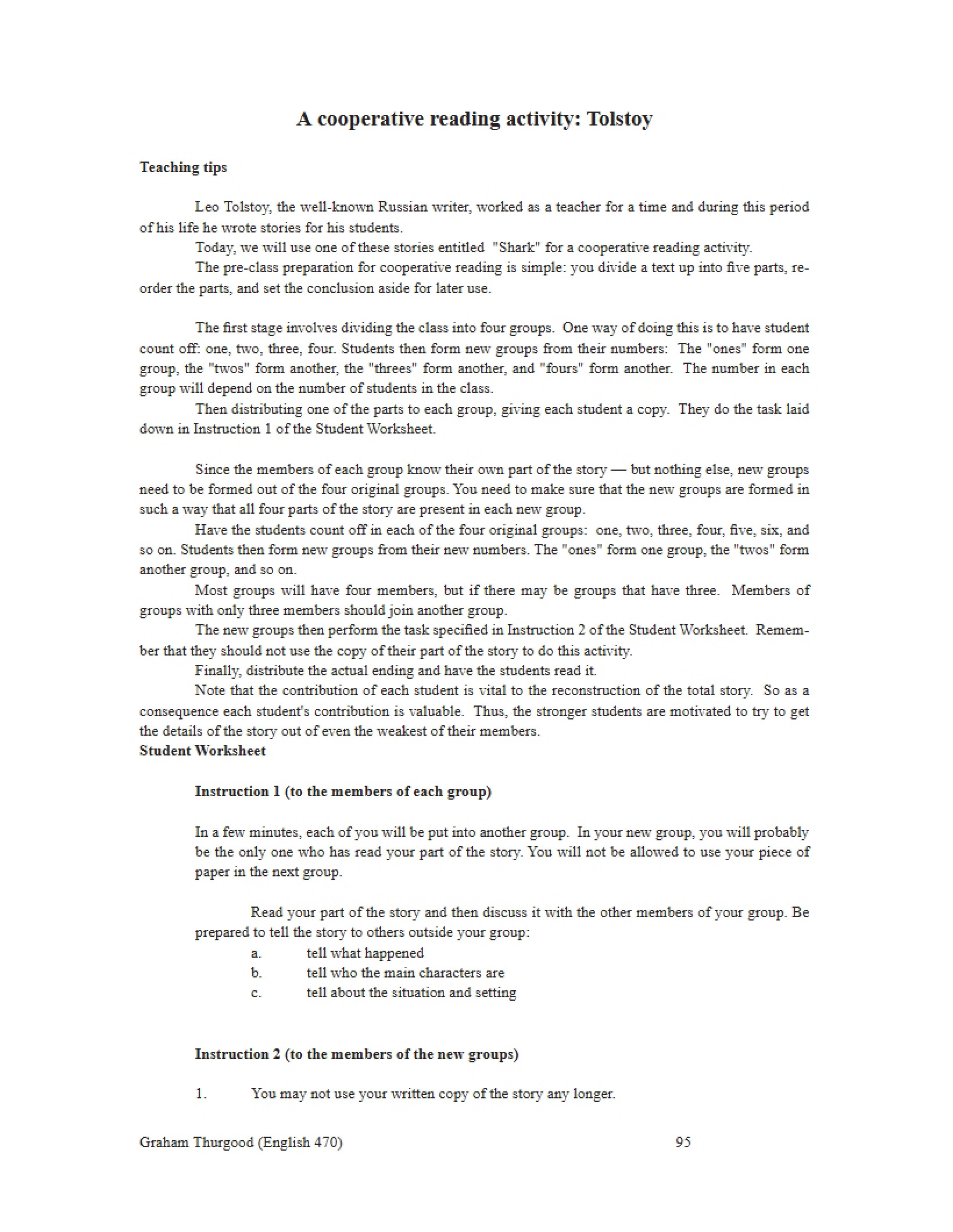 Tolstoy Cooperative Reading Activity